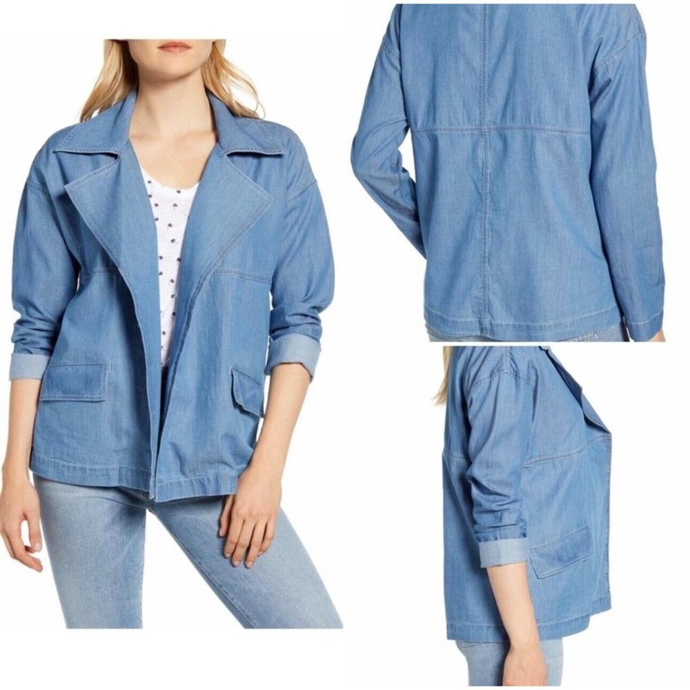 CASLON NWT $95 Chambray Utility Jacket Blue Open Front Lightweight Women's M